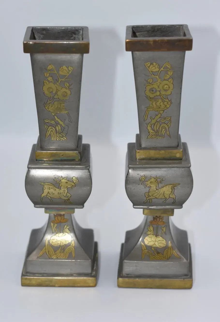 Chinese Pewter & Brass Temple Alter Candlesticks Joss Stick Holder Garniture